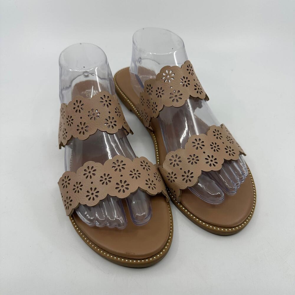 Kensie Sandals Floral Laser Cutout WMNS 9.5 Tan Slide On Boho Coastal Casual - Picture 2 of 10